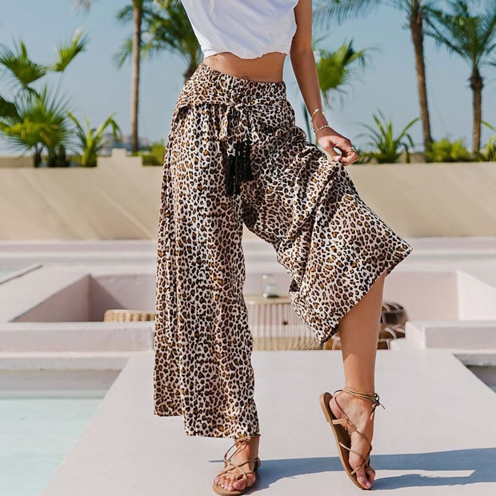 leopard print boho tassel tie palazzo wide pants - Picture 5 of 9